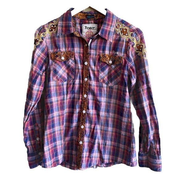Roar Tops - Roar‎ Distressed Western Shirt Size Large Embroidery Lace Rhinestones Plaid